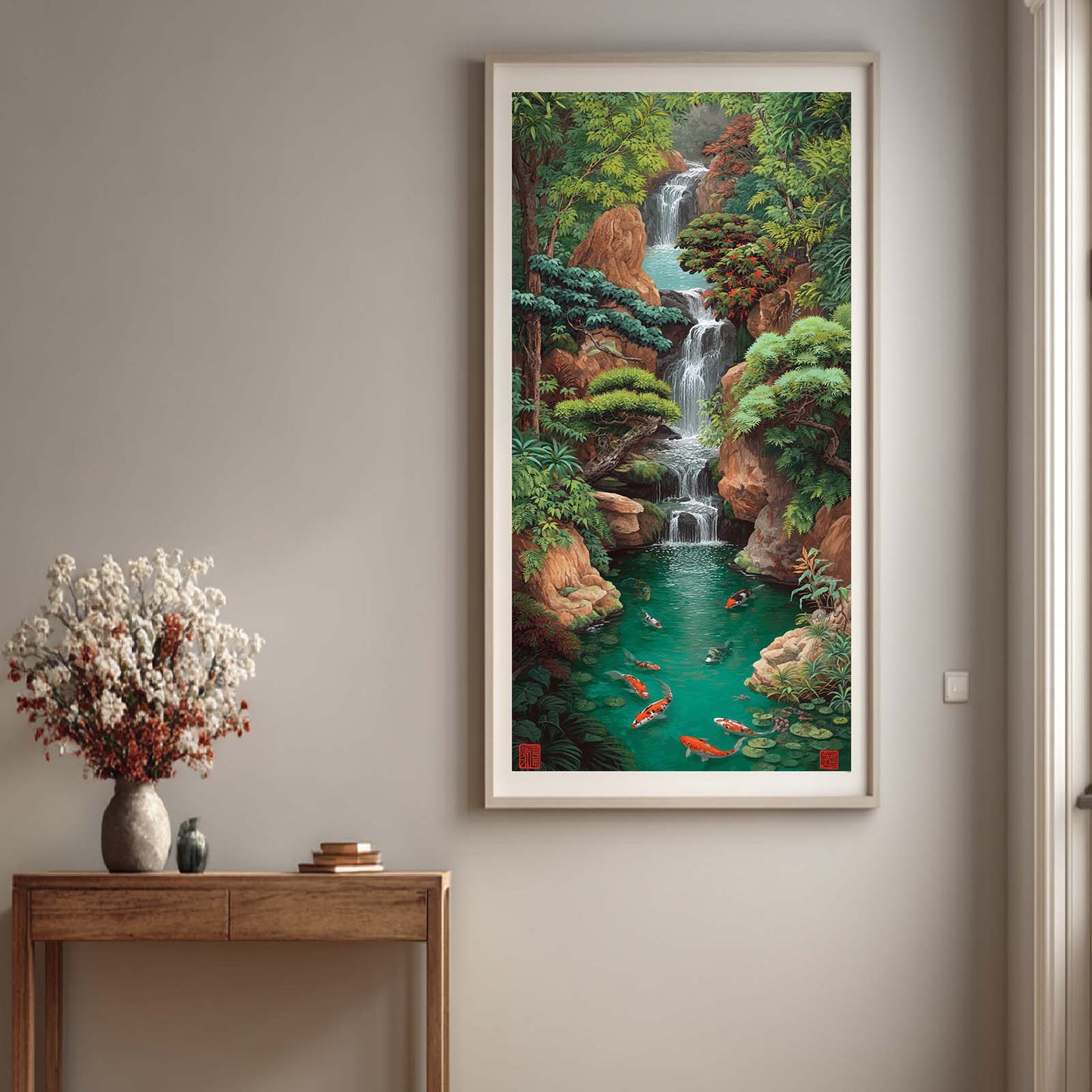 Abstract Landscape Waterfall Koi