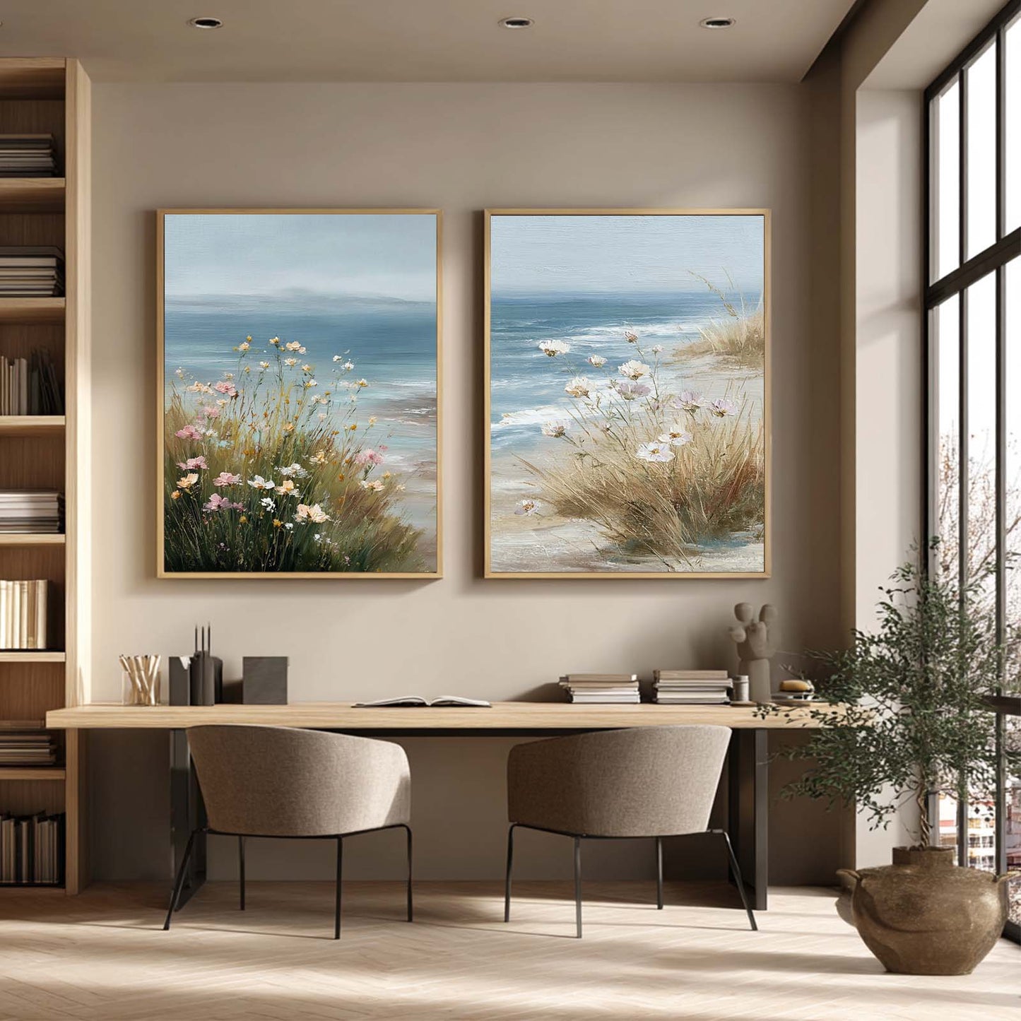 Abstract Landscape Flowers by the Sea Canvas Painting – Wall Art for Living Room Bedroom Decoration, Poster Print, Frameless