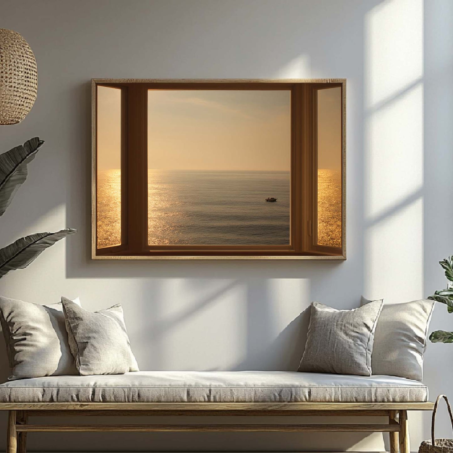 Modern Window View Sea Sunrise Sailboat Canvas Paintin Wall Art for Bathroom Decoration, Poster Print, Frameless