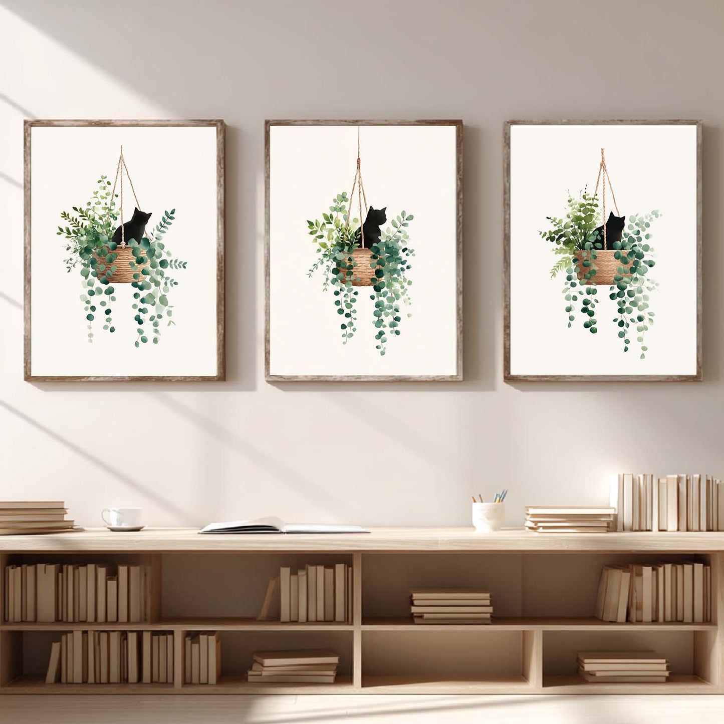 Abstract Green Leaves Plant Vase Cat Canvas Painting Wall Art for Living Room Bedroom Decoration, Poster Print, Frameless