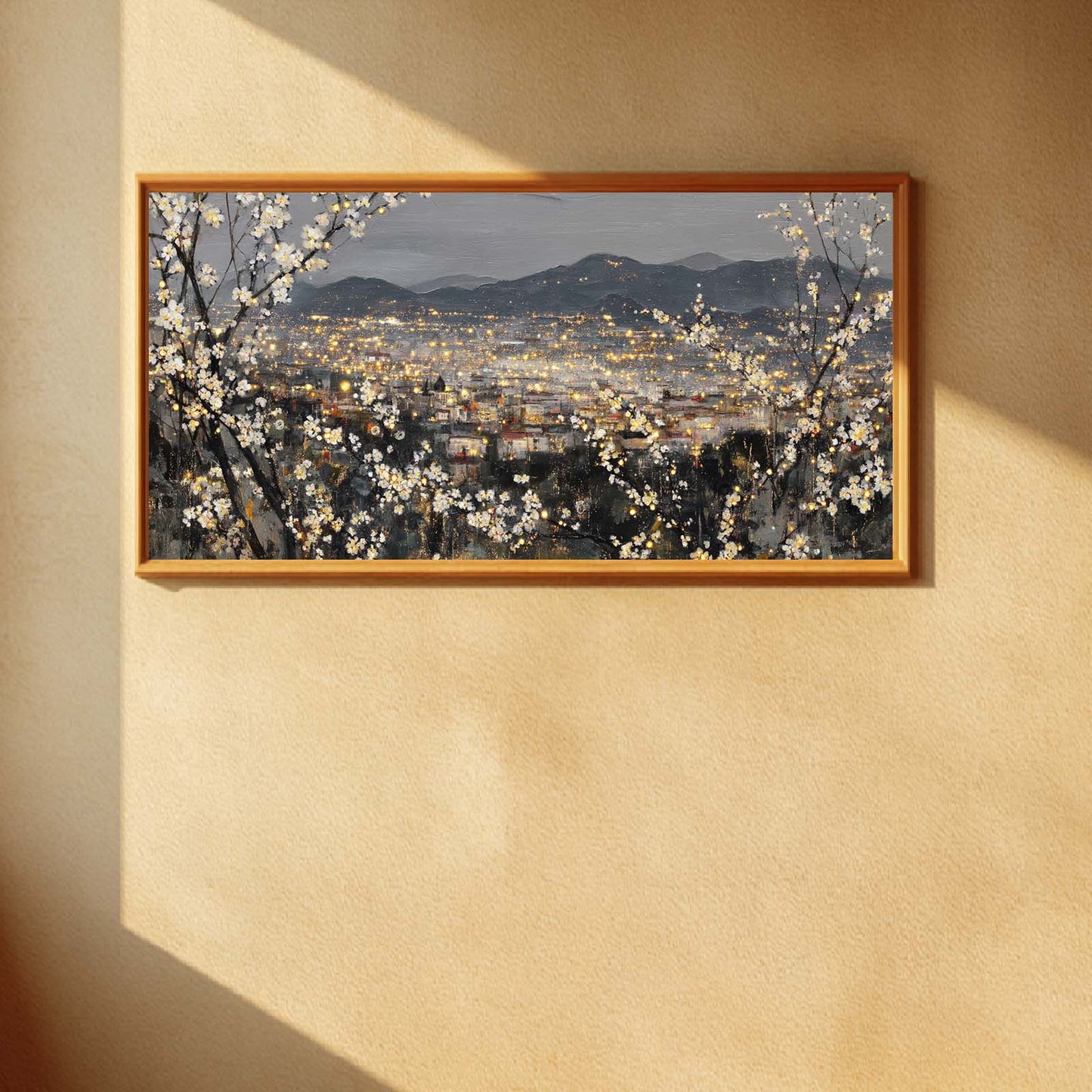 Abstract Oil Painting Pear Blossoms and City Nightscape
