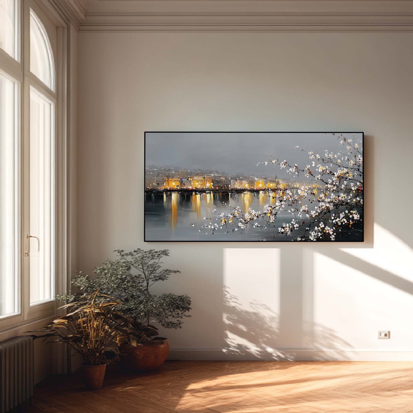 Abstract Oil Painting Pear Blossoms and City Nightscape