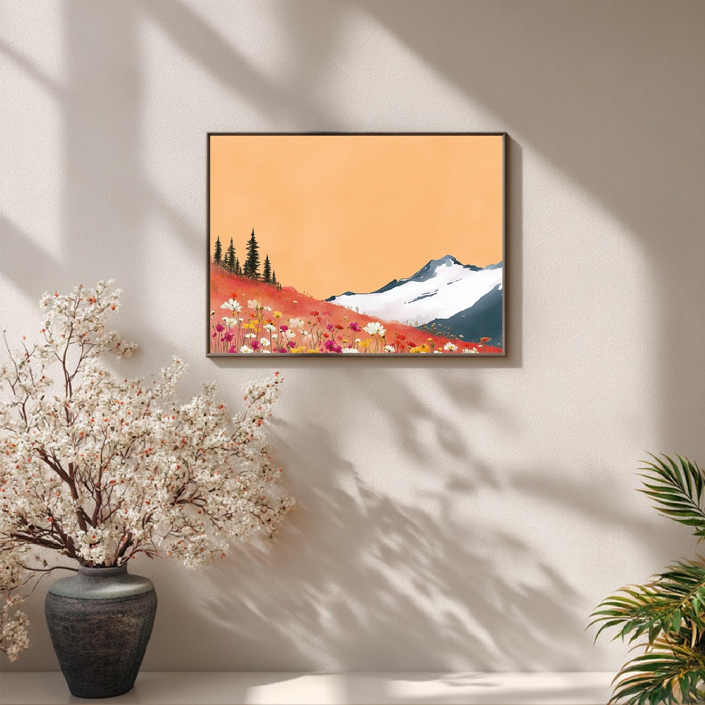 Snowy Mountain Sunset Flowers Hillside Abstract Landscape