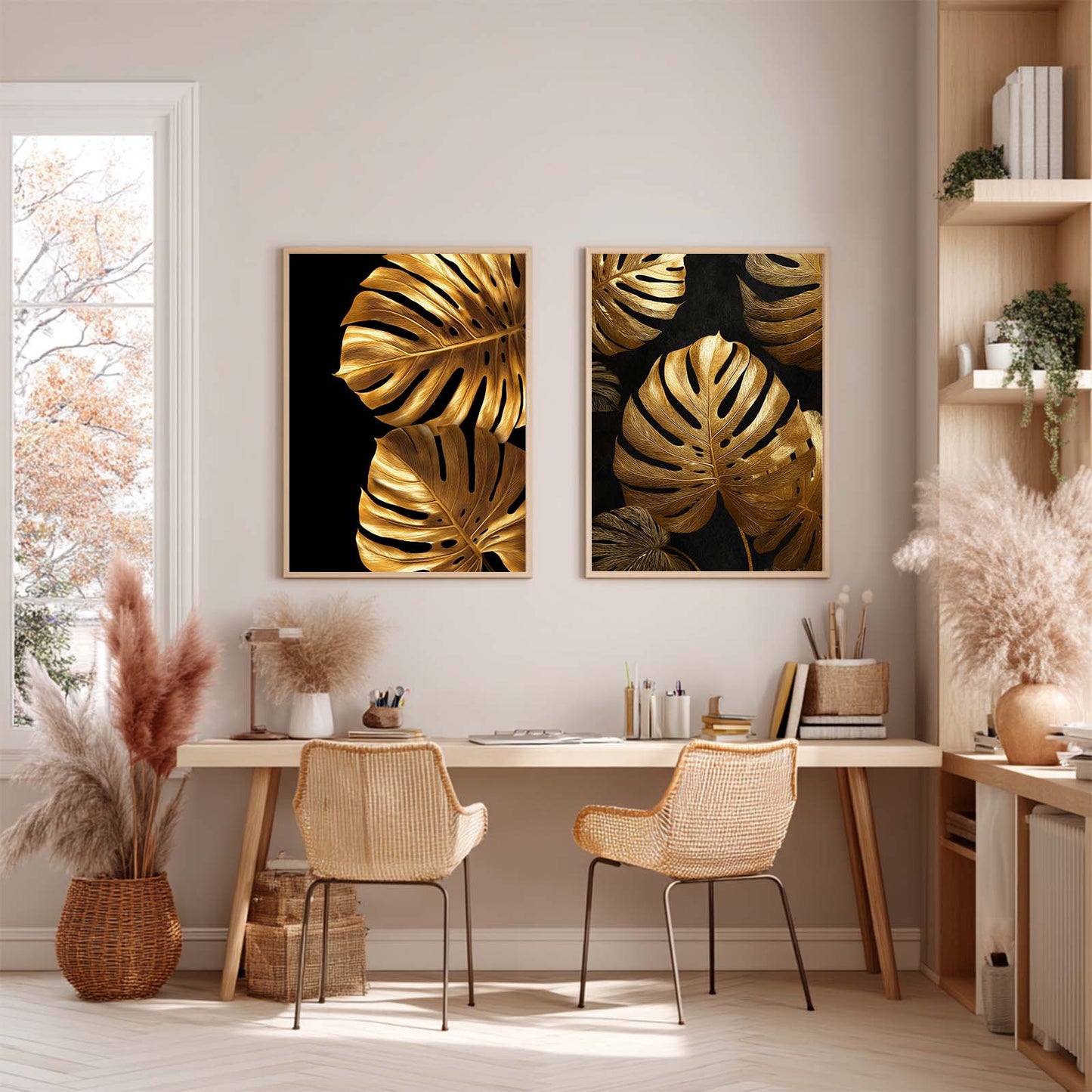 Abstract Black Gold Monstera Leaves