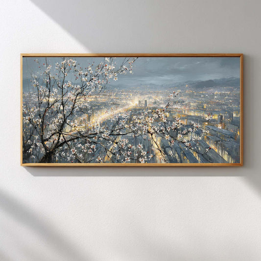 Abstract Oil Painting Pear Blossoms and City Nightscape