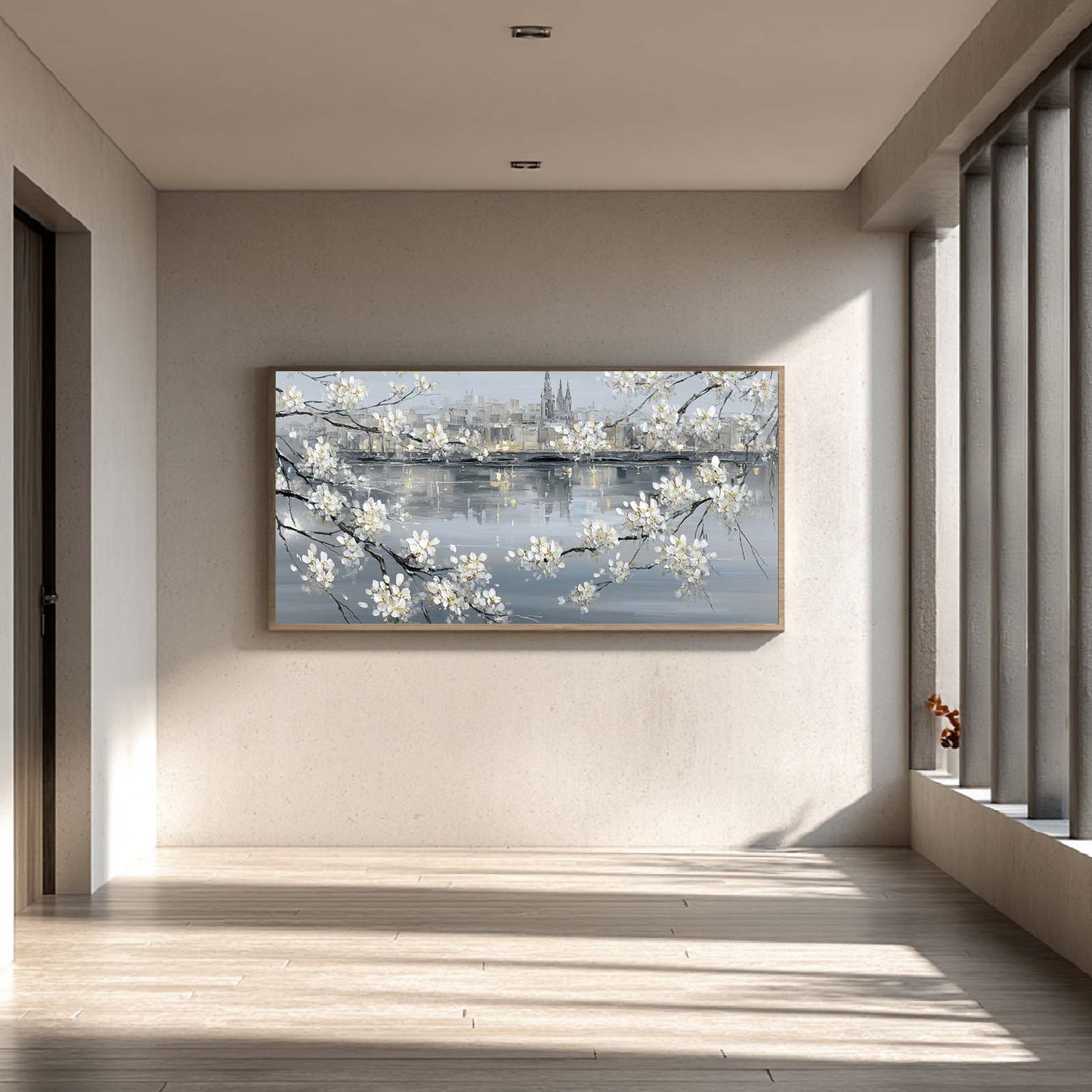 Abstract Oil Painting Pear Blossoms and City Nightscape