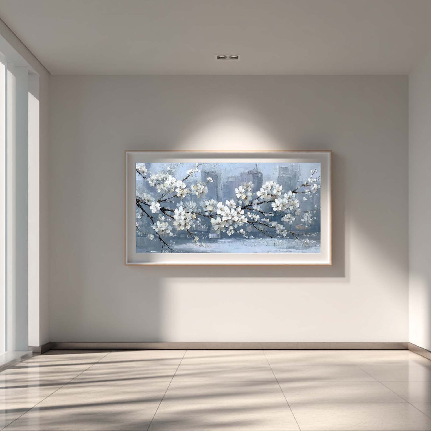 Abstract Oil Painting Pear Blossoms and City Nightscape
