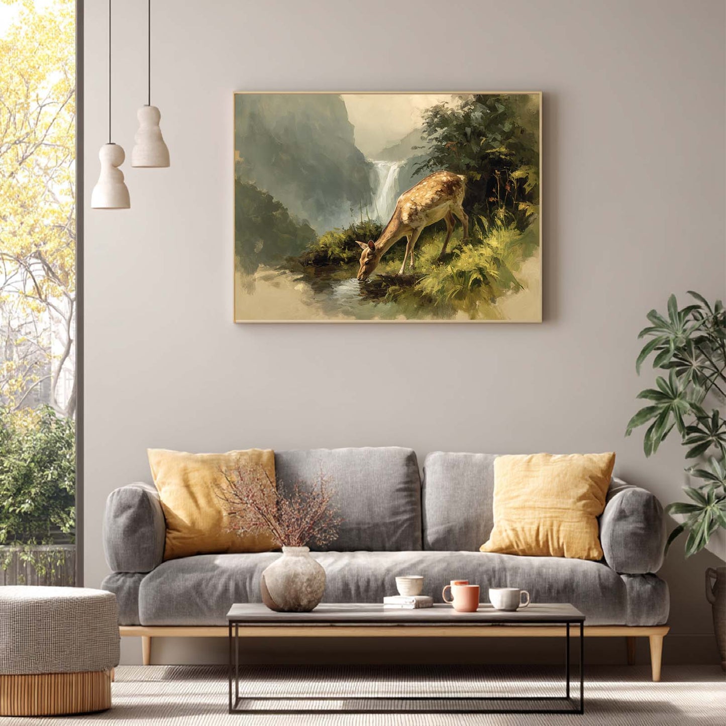 Abstract Deer Animal Canvas Painting Scenery Waterfall Wall Art Pictures for Living Room Bedroom Decoration Canvas Pictures Poster Frameless