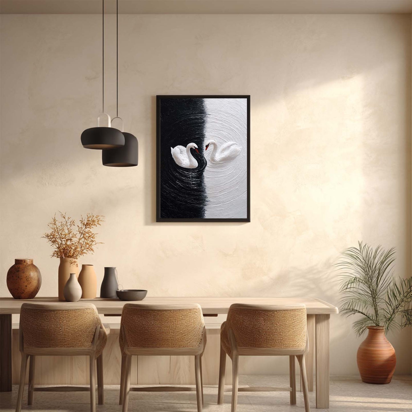 Abstract Oil Painting Black and White Swan
