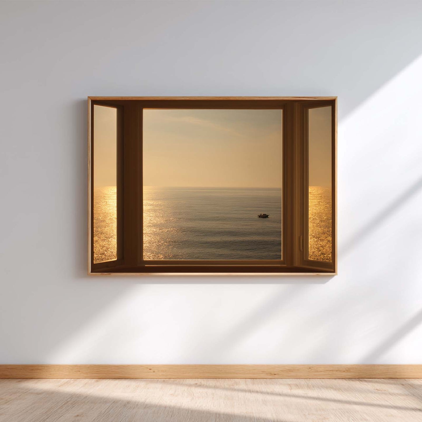 Modern Window View Sea Sunrise Sailboat Canvas Paintin Wall Art for Bathroom Decoration, Poster Print, Frameless