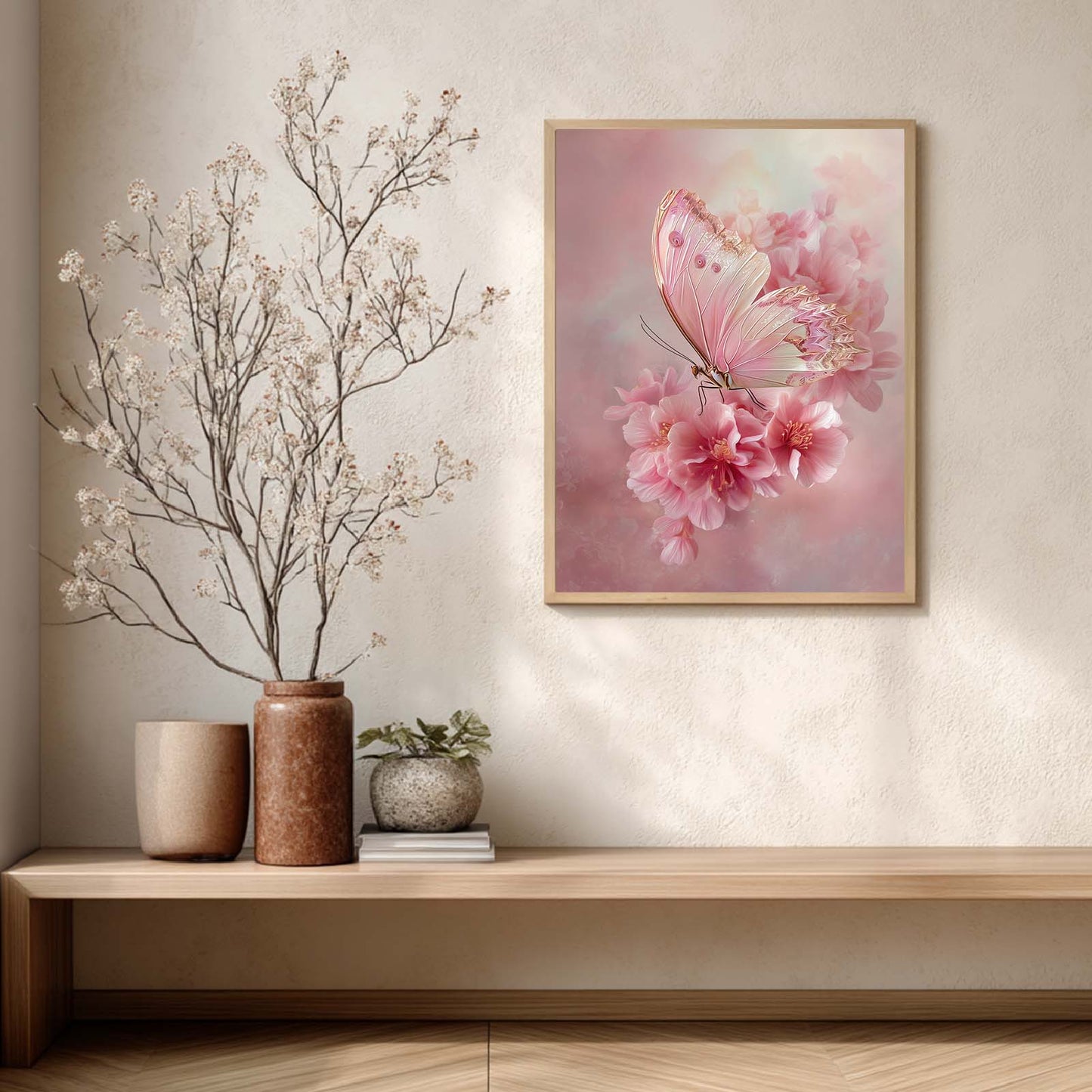 Pink Butterfly Flower Abstract Canvas Painting Wall Art for Living Room Bedroom Decoration, Poster Print, Frameless