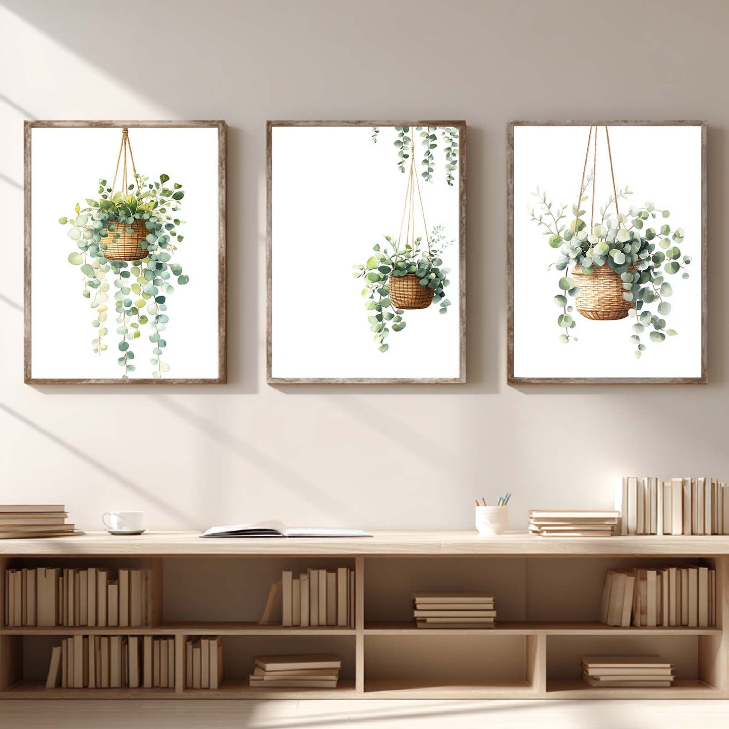 Abstract Green Leaves Plant Vase Cat Canvas Painting Wall Art for Living Room Bedroom Decoration, Poster Print, Frameless