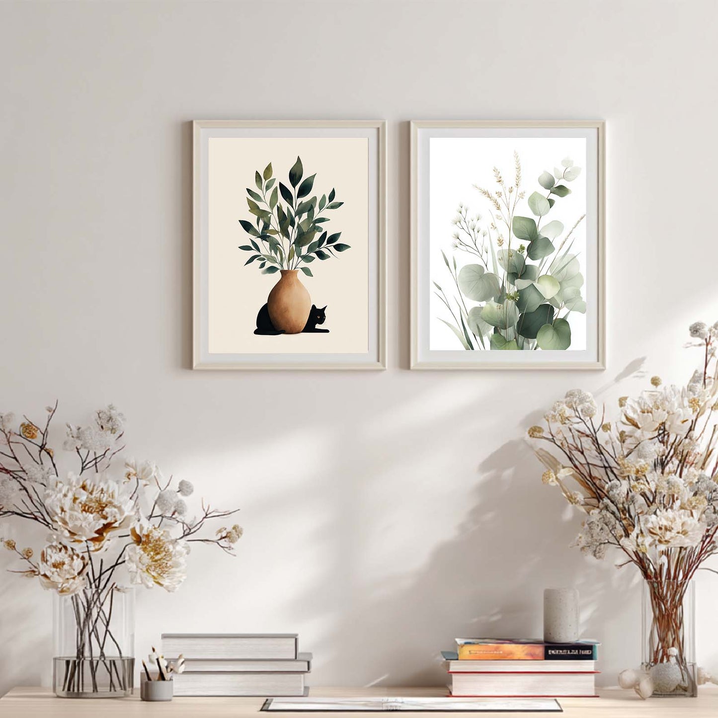 Abstract Green Leaves Plant Vase Cat Canvas Painting Wall Art for Living Room Bedroom Decoration, Poster Print, Frameless