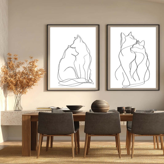 Abstract Minimalist Line Black White Cat and Dog