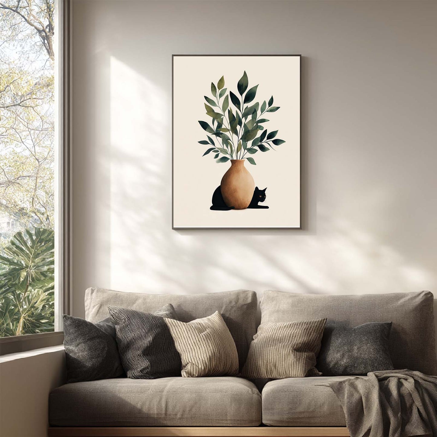 Abstract Green Leaves Plant Vase Cat Canvas Painting Wall Art for Living Room Bedroom Decoration, Poster Print, Frameless