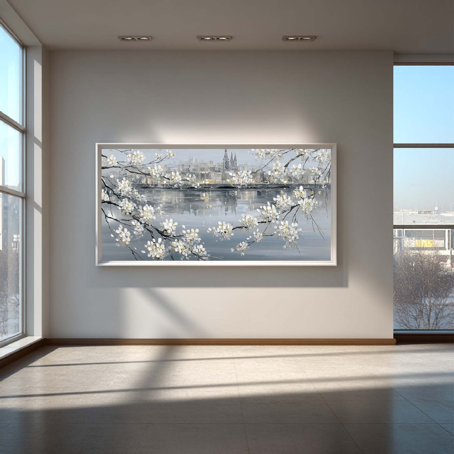 Abstract Oil Painting Pear Blossoms and City Nightscape