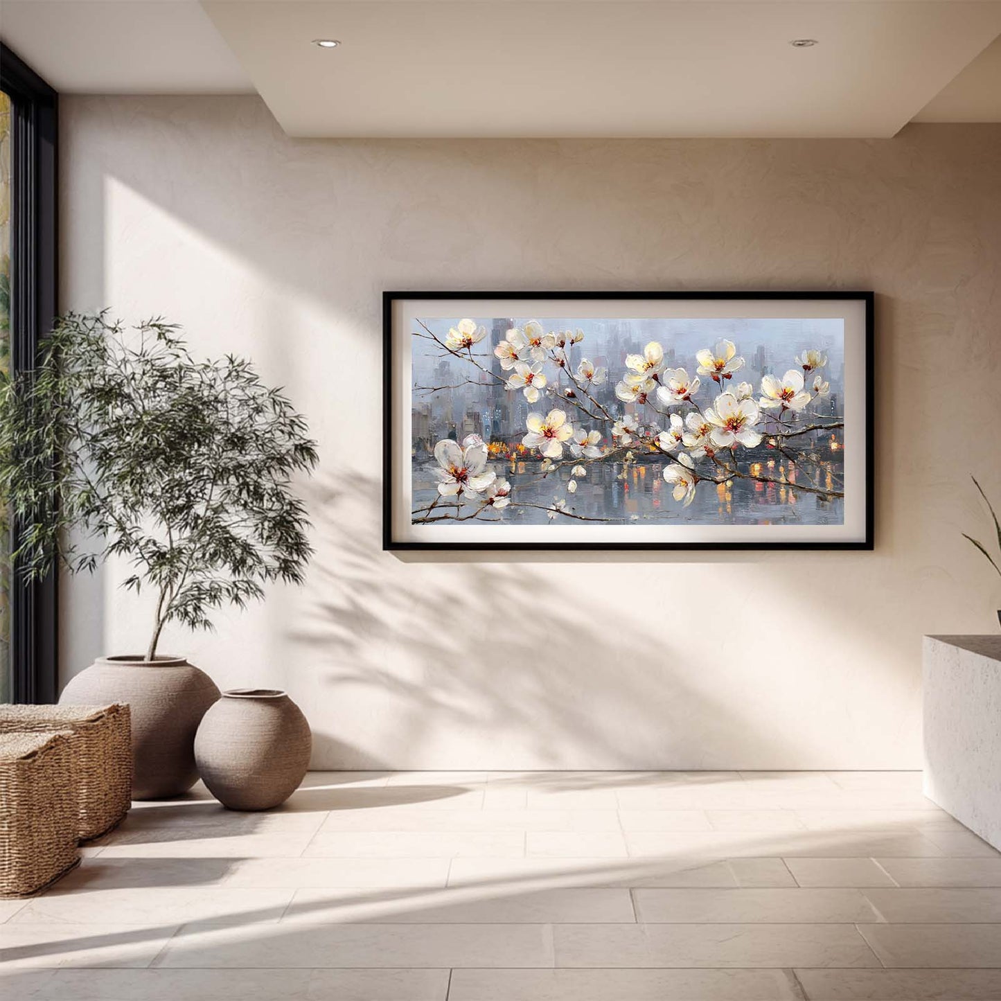 Abstract Oil Painting Pear Blossoms and City Nightscape