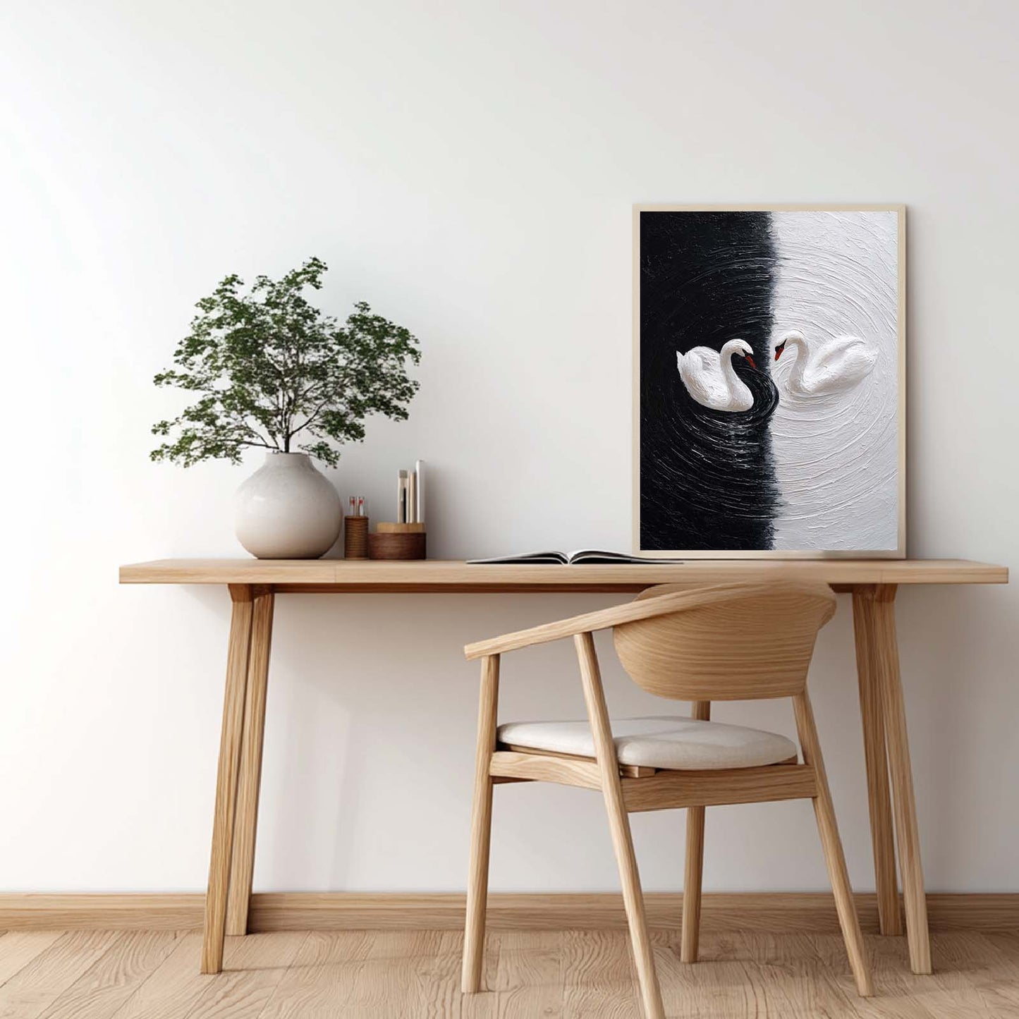 Abstract Oil Painting Black and White Swan