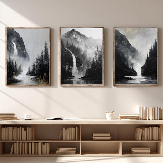 Abstract Landscape Black White Mountain Waterfall