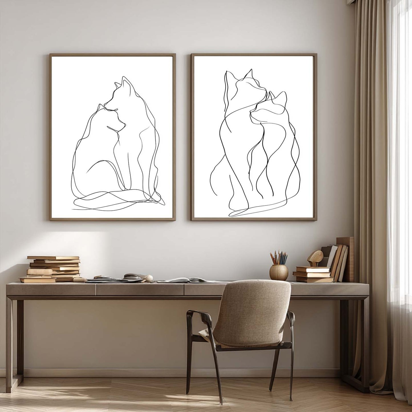 Abstract Minimalist Line Black White Cat and Dog