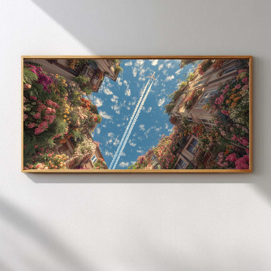 Abstract Oil Painting Flowers and Airplane