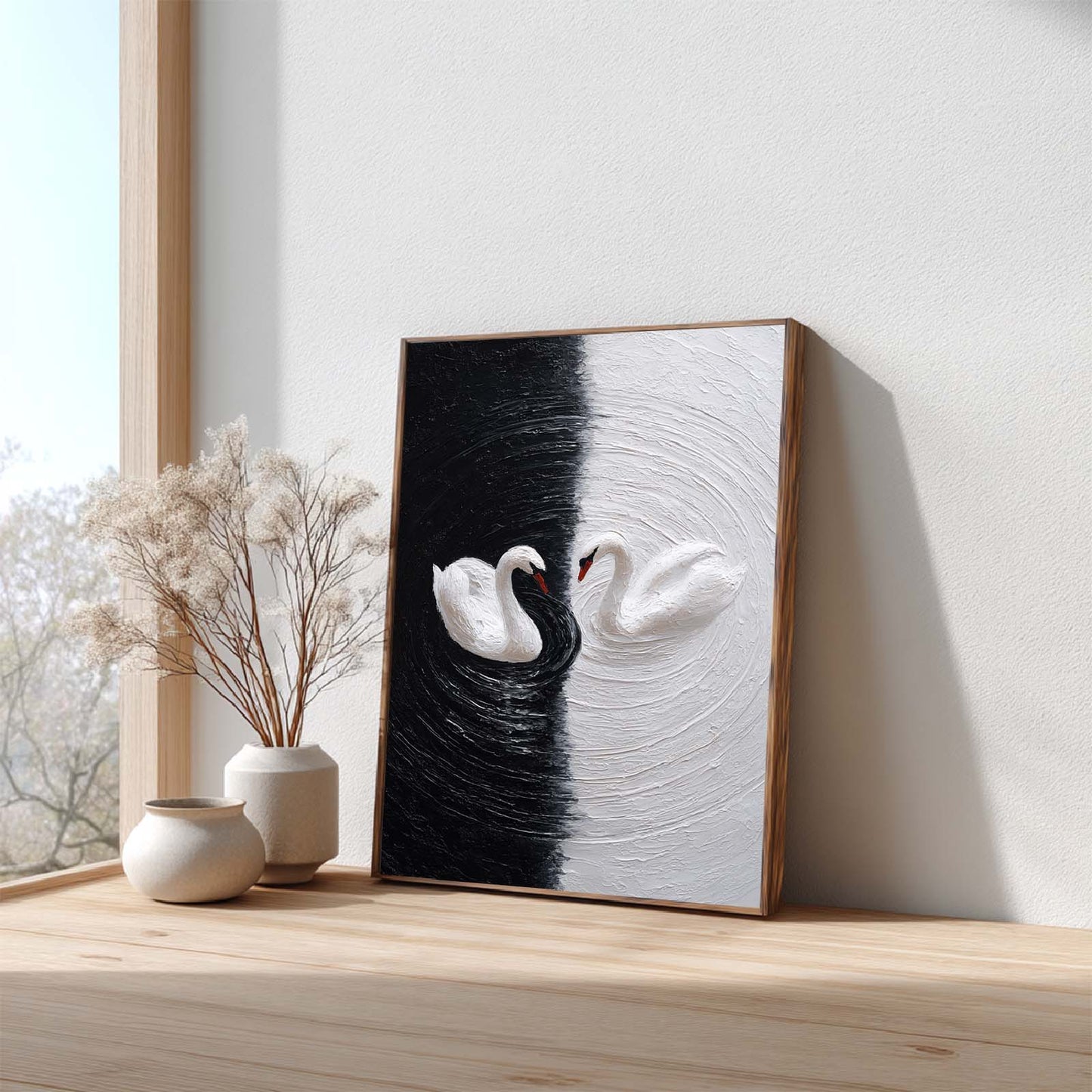 Abstract Oil Painting Black and White Swan