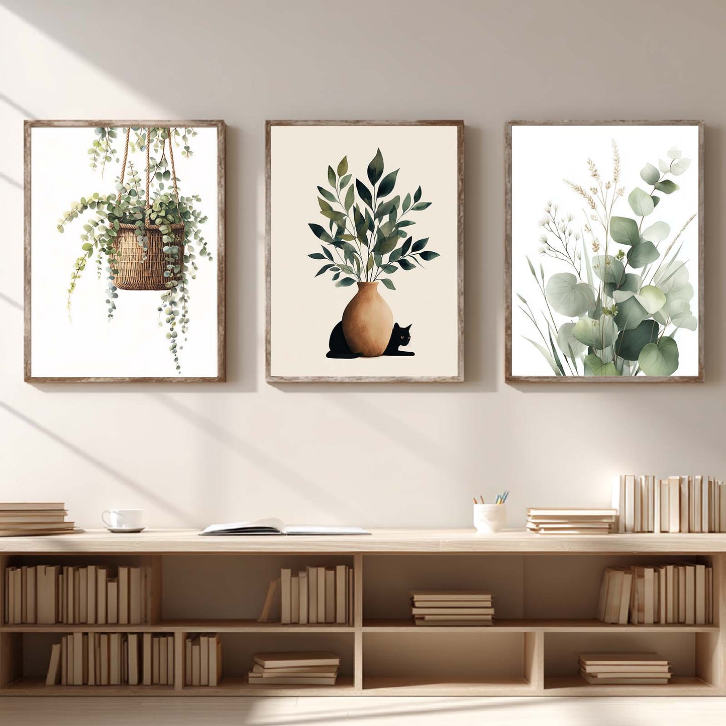 Abstract Green Leaves Plant Vase Cat Canvas Painting Wall Art for Living Room Bedroom Decoration, Poster Print, Frameless